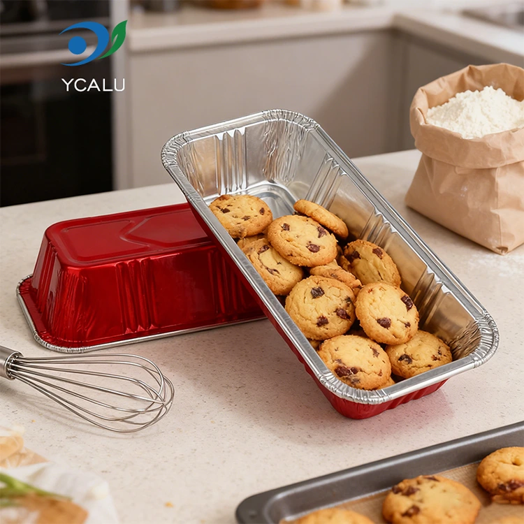 เบเกอรี่สี่เหลี่ยมสีแดงจัดเลี้ยงภาชนะอลูมิเนียมฟอยล์สีเงิน