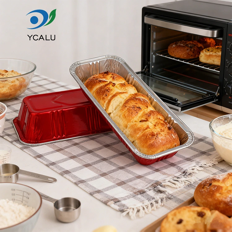 เบเกอรี่สี่เหลี่ยมสีแดงจัดเลี้ยงภาชนะอลูมิเนียมฟอยล์สีเงิน